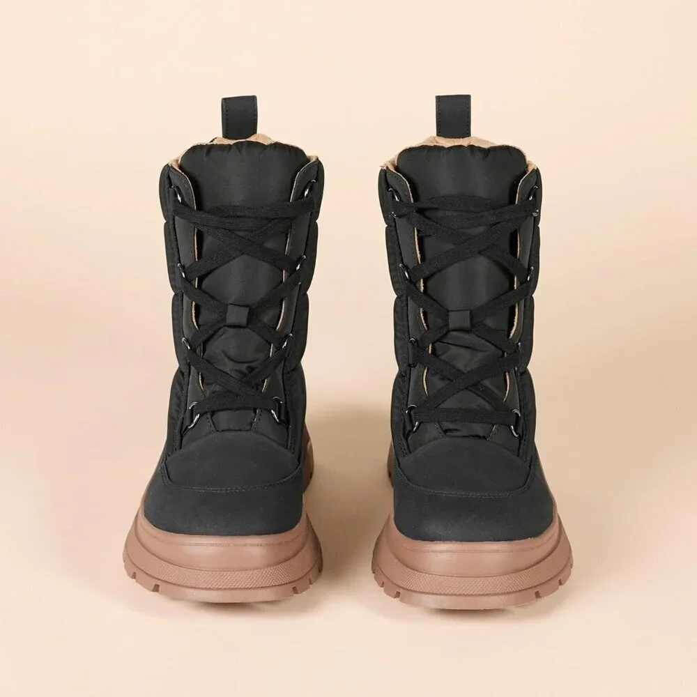 Women's Black Lace Up Imported Chunky Sole Puffer Snow Boots